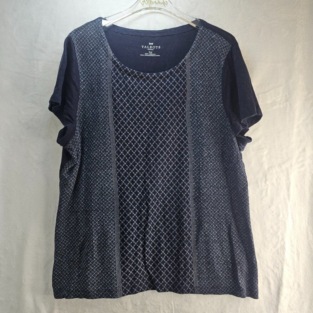 Talbots 100% Linen Geometric Print Top Short Sleeve Pullover Size XL Petite